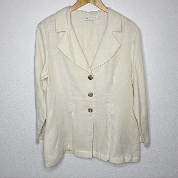 RIKI Ecru Cream Notched Collar 3 Button Medium Weight Peplum Linen Blouse - Picture 1 of 9